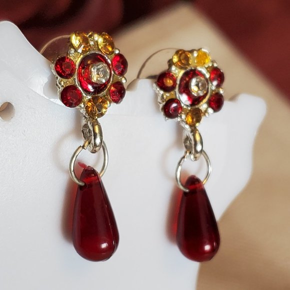 Silver Tone Rhinestone Flower Dangle Hook Earrings